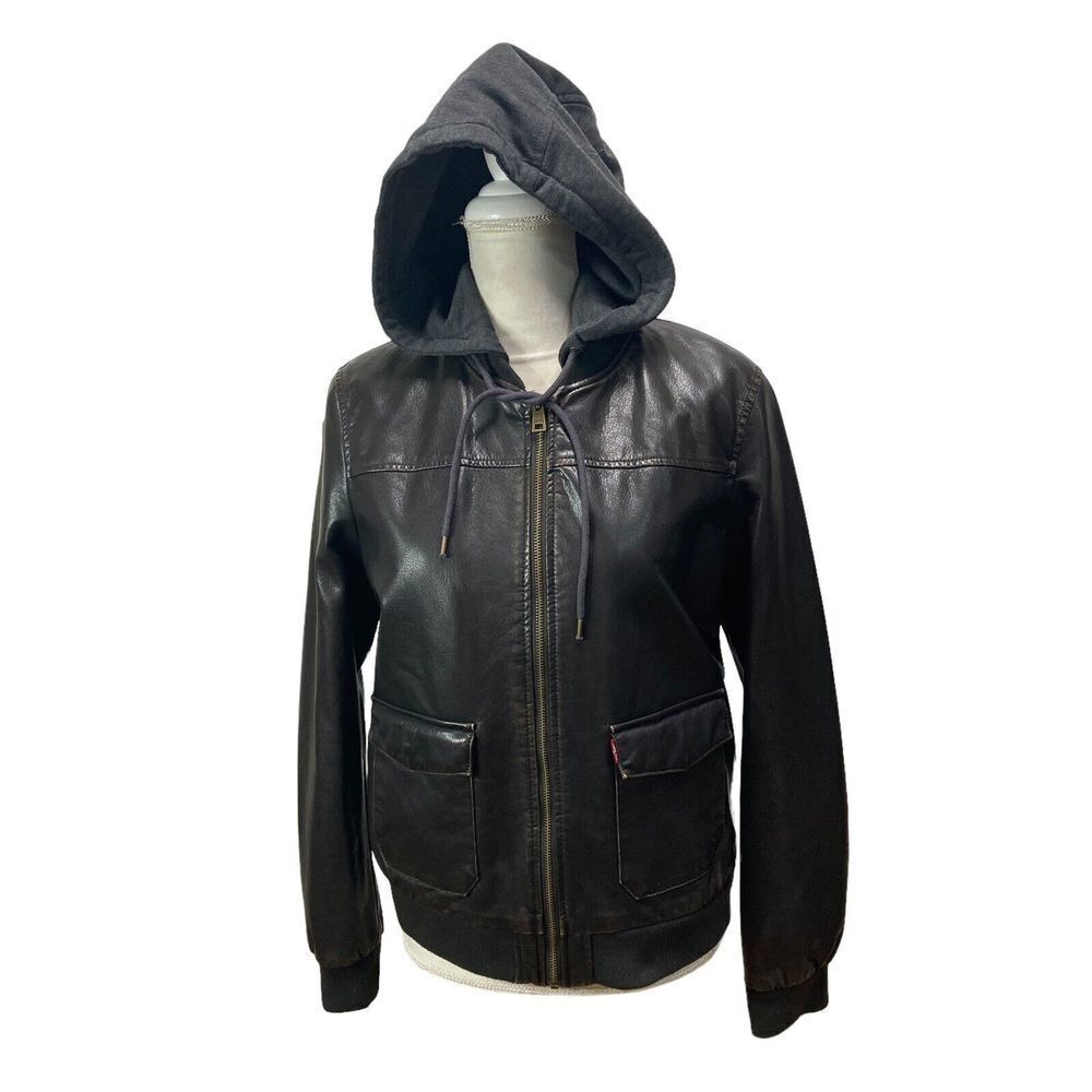 Levi Strauss Brown Faux Leather Jacket Hooded‎ Womans Large Sherpa quilted zip